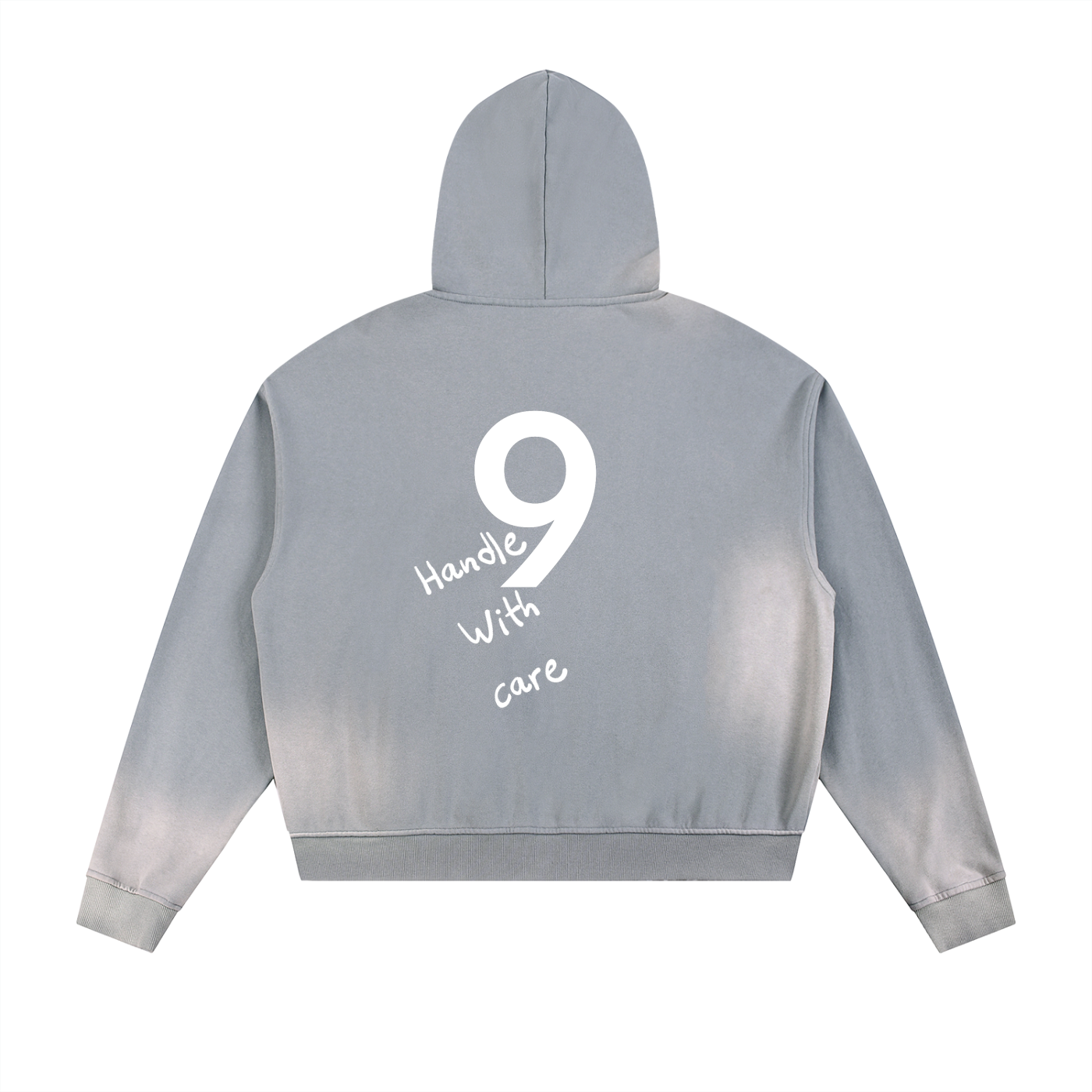 Gray hoodie with a number 9 and text on the back against a white background