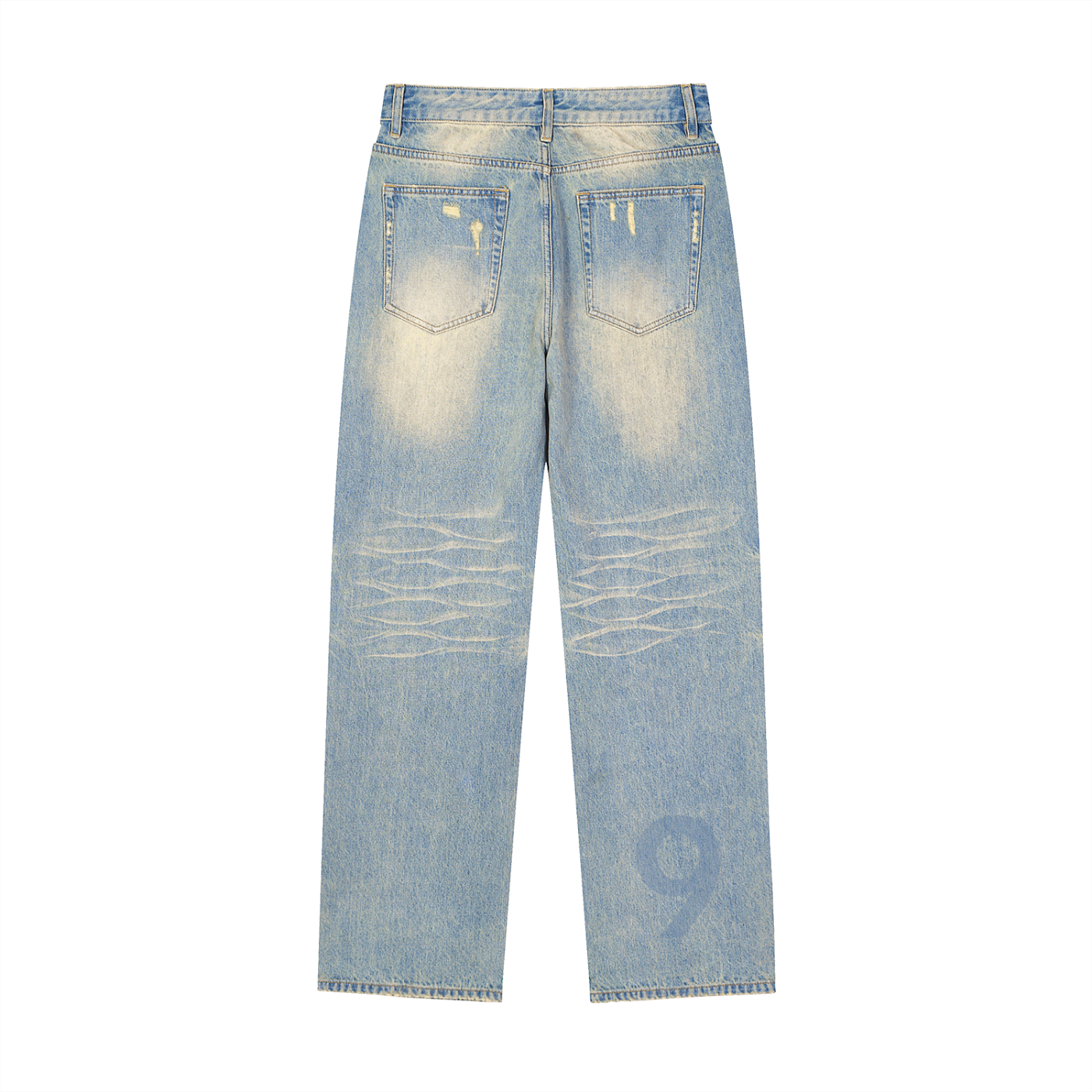 Light blue distressed jeans on a white background