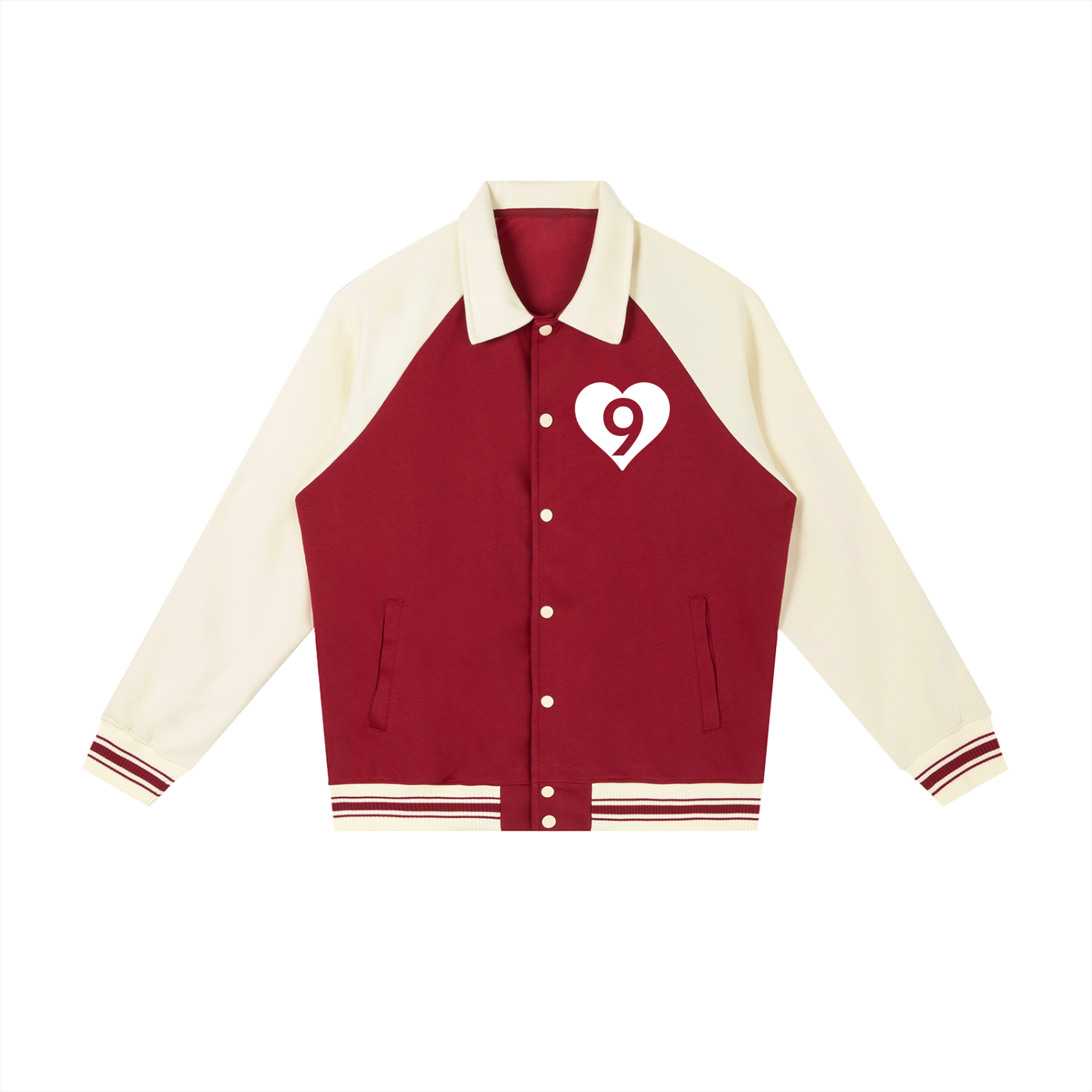 Red and cream varsity jacket with a heart and number 9 design on a white background