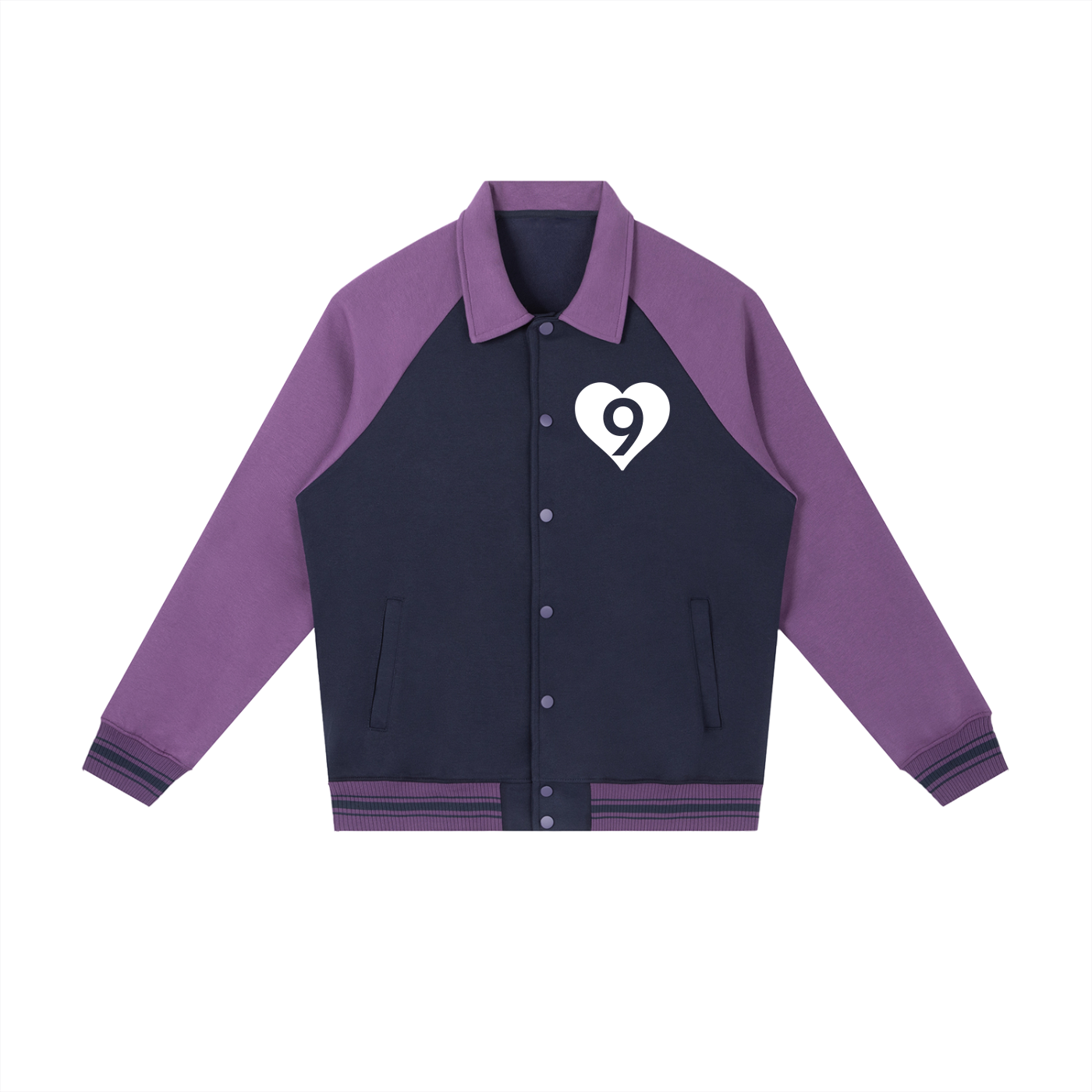 Purple and black varsity jacket with a heart and number 9 design on a white background