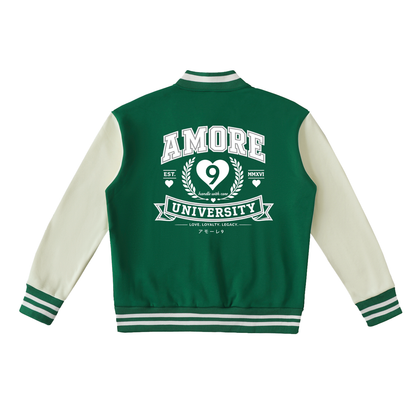 Green and white varsity jacket with 'Amore University' text on a white background