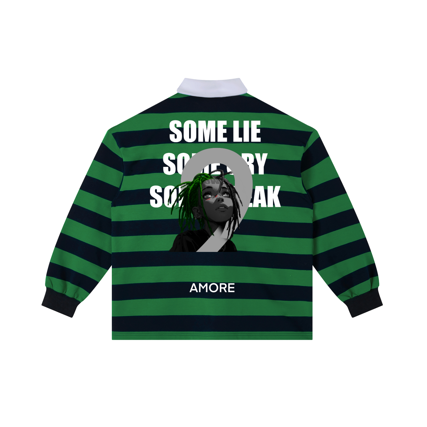 Green and black striped shirt with text and a graphic on the back, on a white background