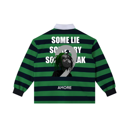 Green and black striped shirt with text and a graphic on the back, on a white background