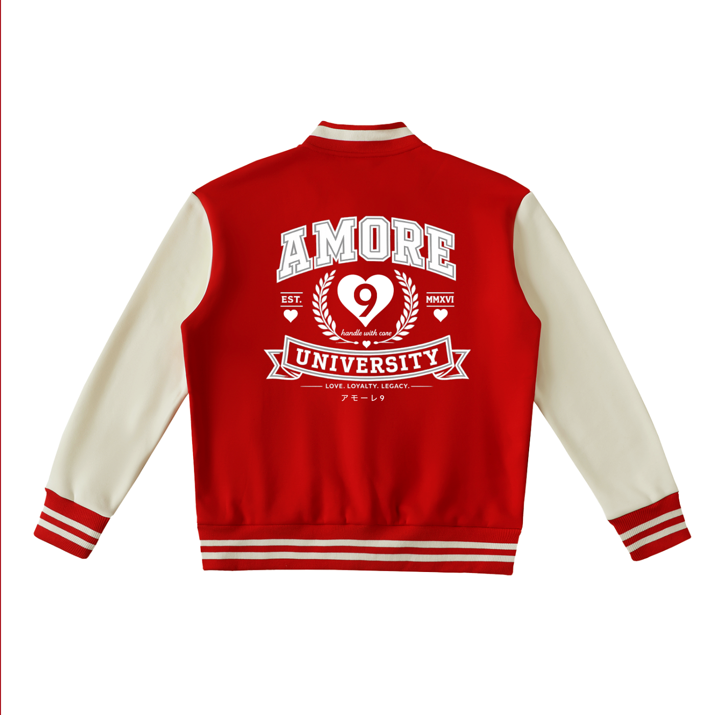 Red and white varsity jacket with 'Amore University' text on a white background