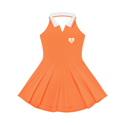 Orange tennis dress with white collar and heart design on a white background