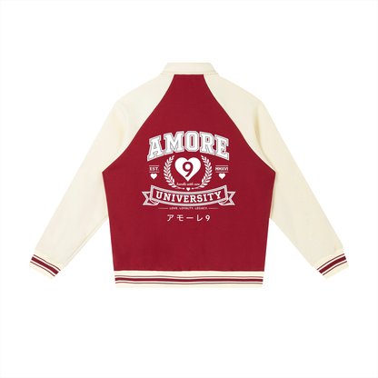 Red and cream varsity jacket with 'Amore University' text on a white background