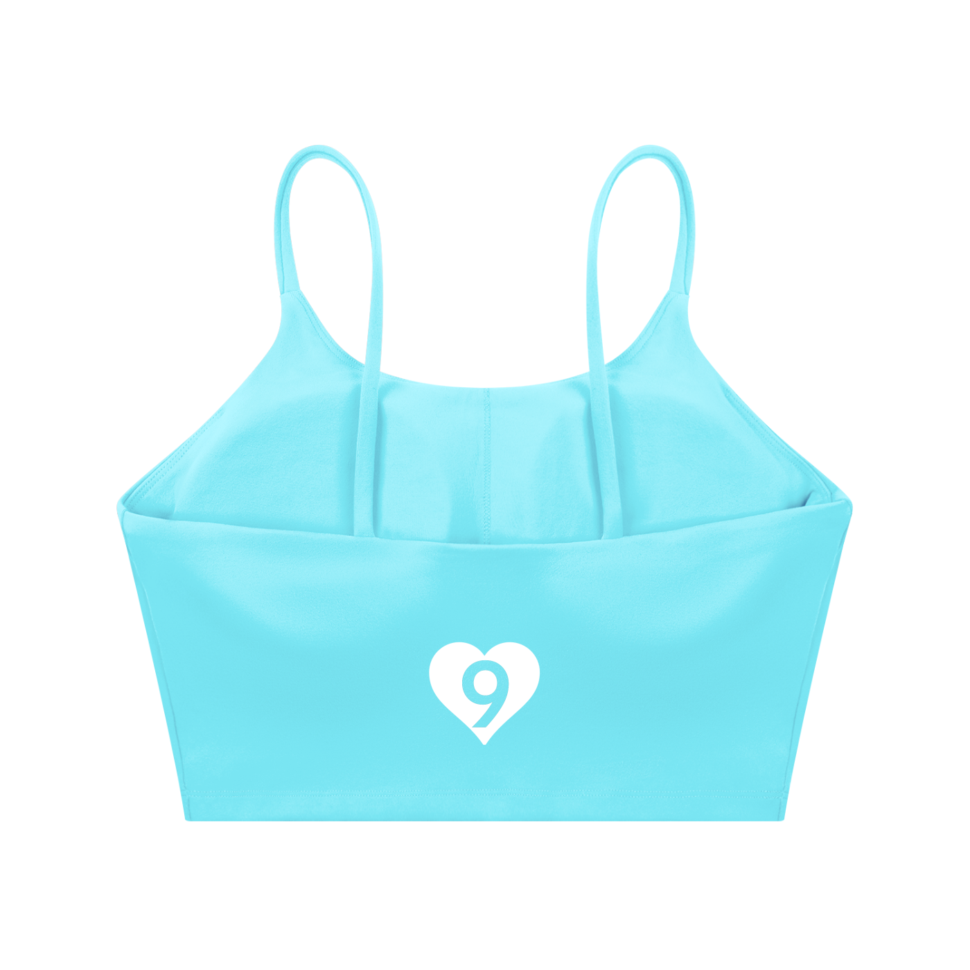 Light blue sports bra with a heart and number 9 logo on a white background