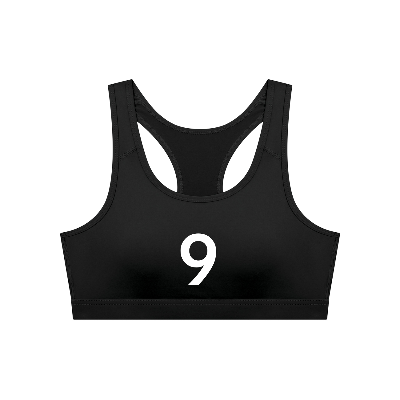 Black sports bra with the number 9 on a white background