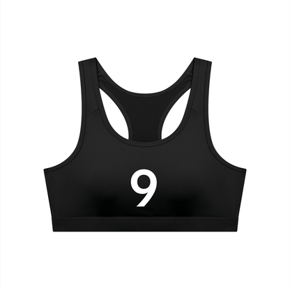 Black sports bra with the number 9 on a white background