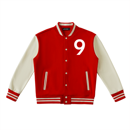 Red and white varsity jacket with number 9 on a white background