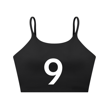 Black sports bra with number 9 on a white background