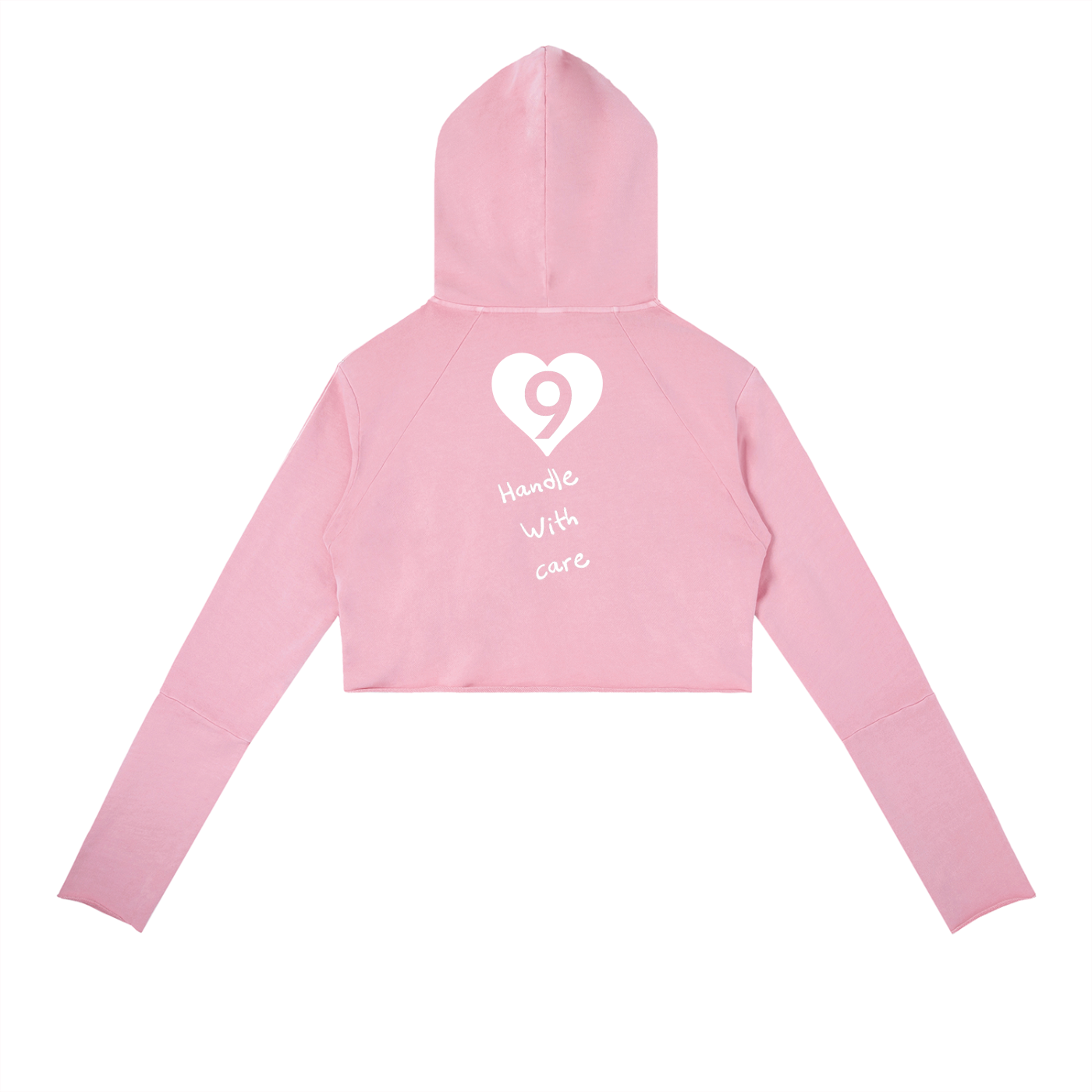 Pink hoodie with a heart and number design on the back against a white background