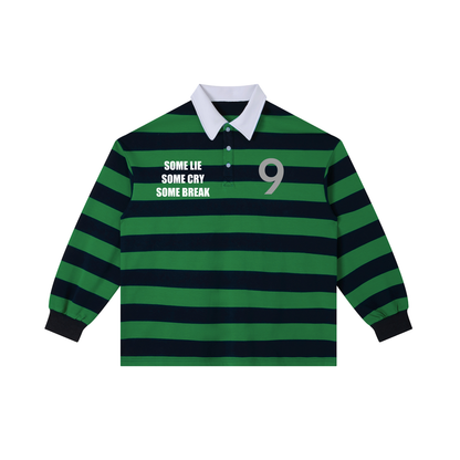 Green and black striped shirt with text on a white background