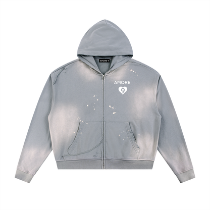 Gray hoodie with brand logo on a white background