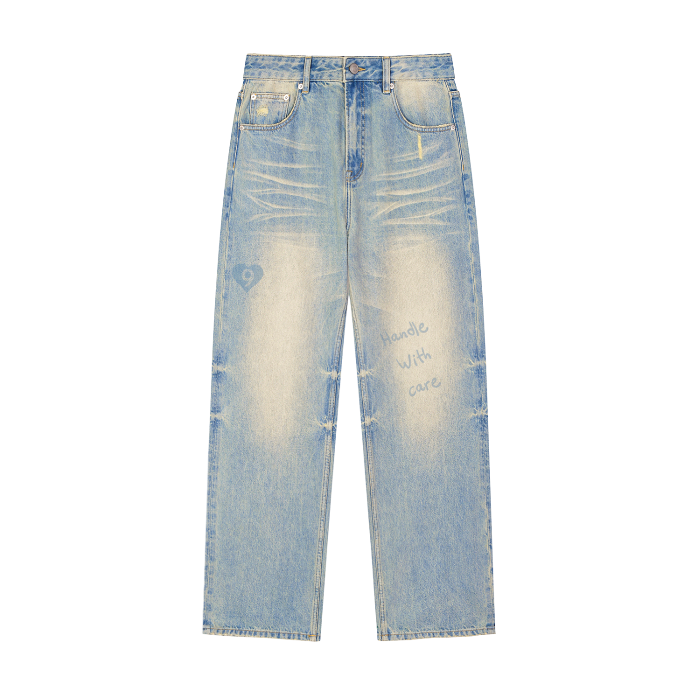 Light blue distressed jeans on a white background