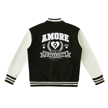 Black and white varsity jacket with 'Amore University' text on the back
