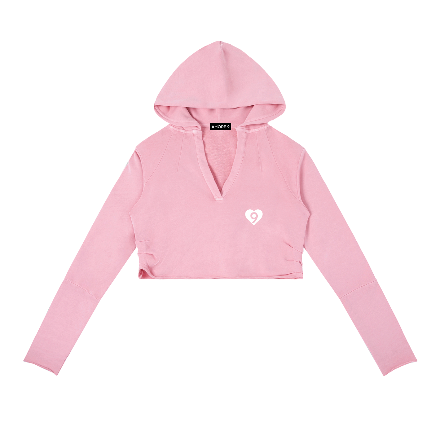 Pink cropped hoodie with a small logo on a white background
