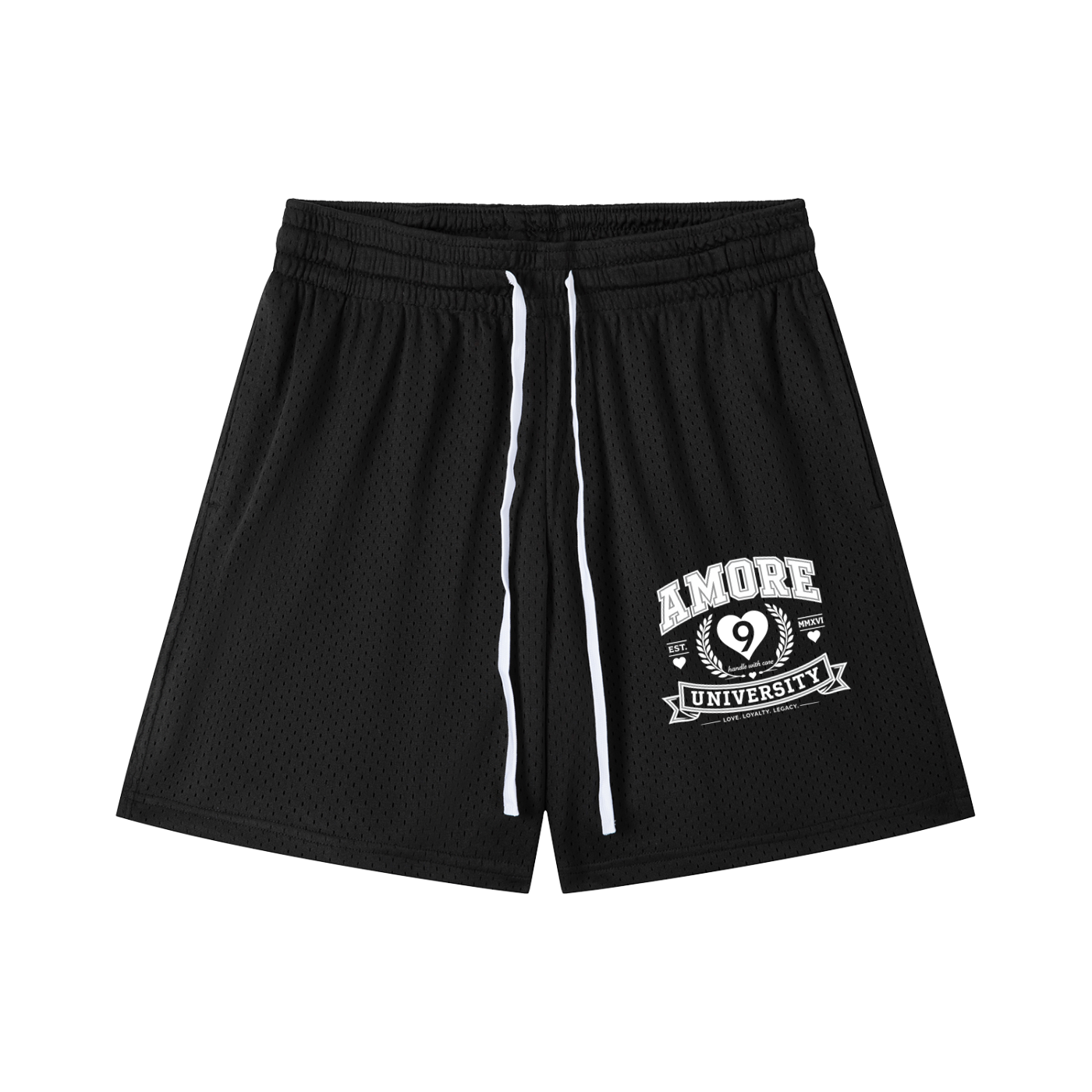 Black shorts with a white logo on a white background