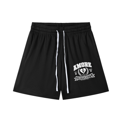 Black shorts with a white logo on a white background
