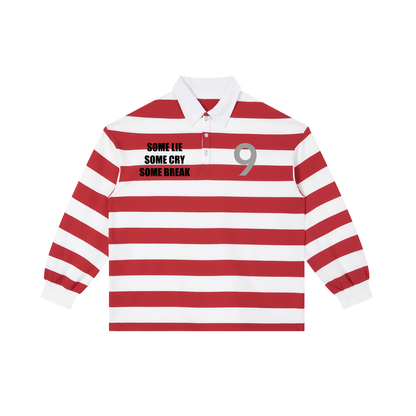 Red and white striped long-sleeve shirt with text on a white background