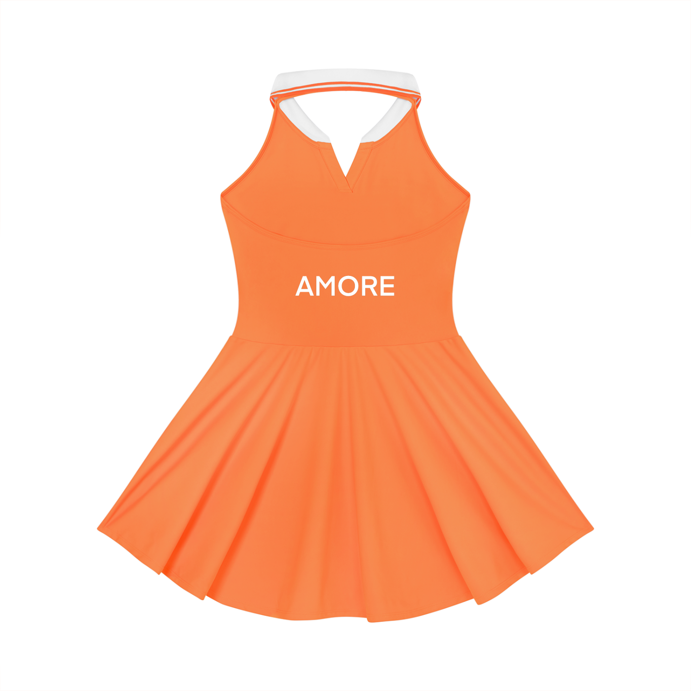 Orange dress with 'AMORE' text on a white background