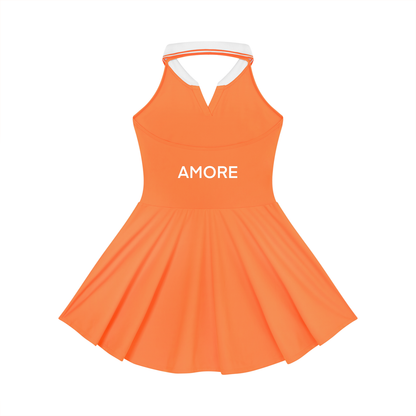 Orange dress with 'AMORE' text on a white background