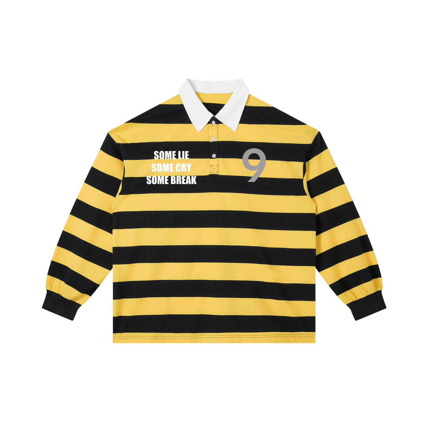 Yellow and black striped polo shirt with text on a white background