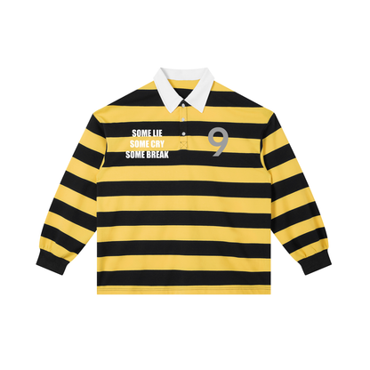 Yellow and black striped polo shirt with text on a white background