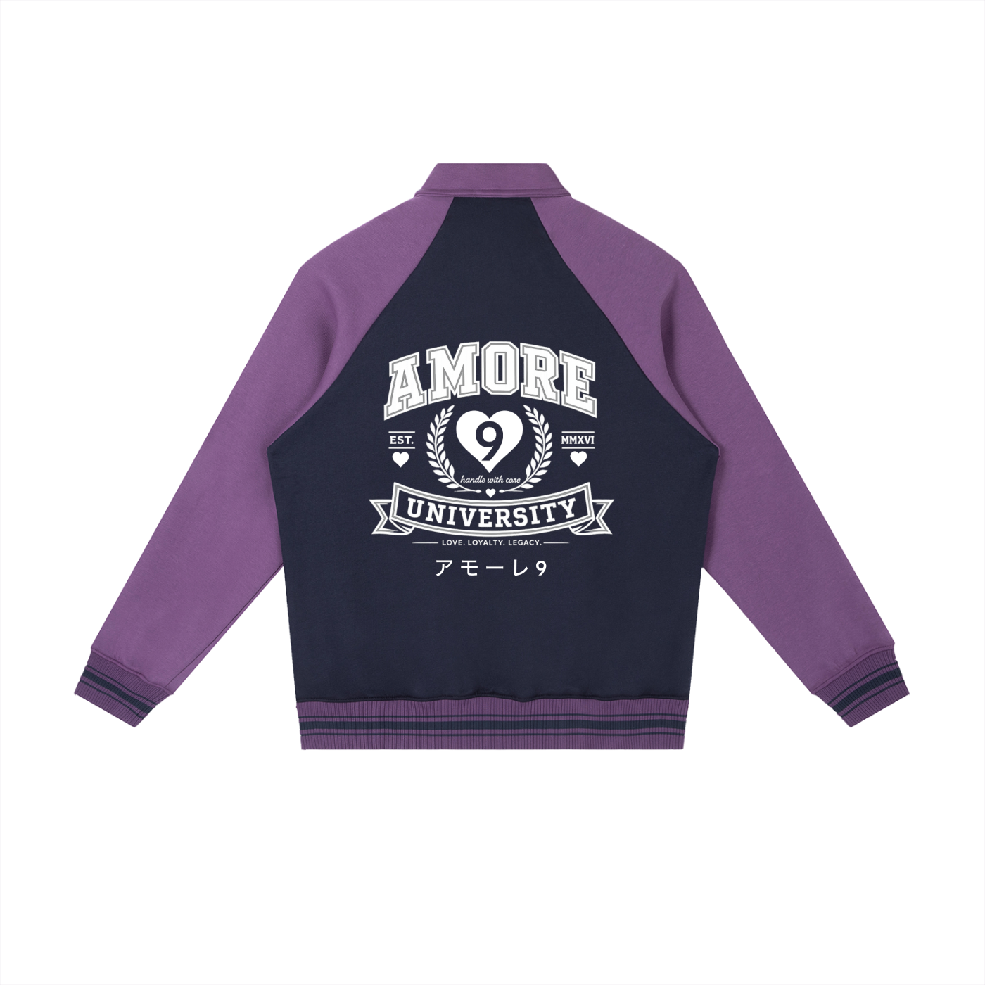 Purple and black jacket with 'Amore University' text on a white background
