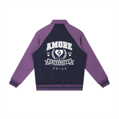Purple and black jacket with 'Amore University' text on a white background