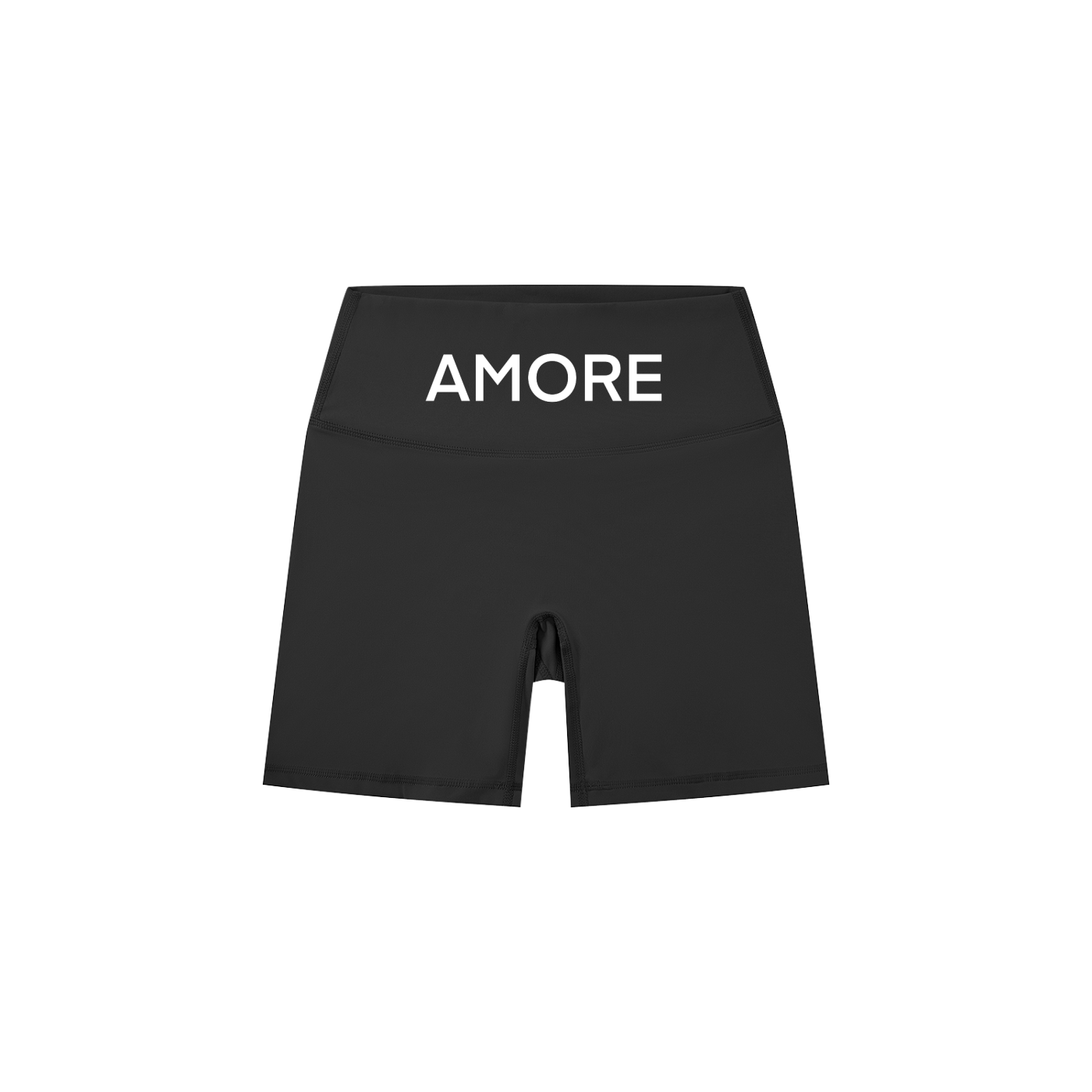 Black shorts with 'AMORE' text on a white background
