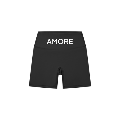 Black shorts with 'AMORE' text on a white background