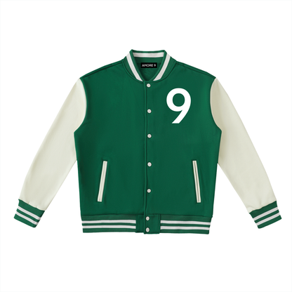 Green and white varsity jacket with number 9 on a white background