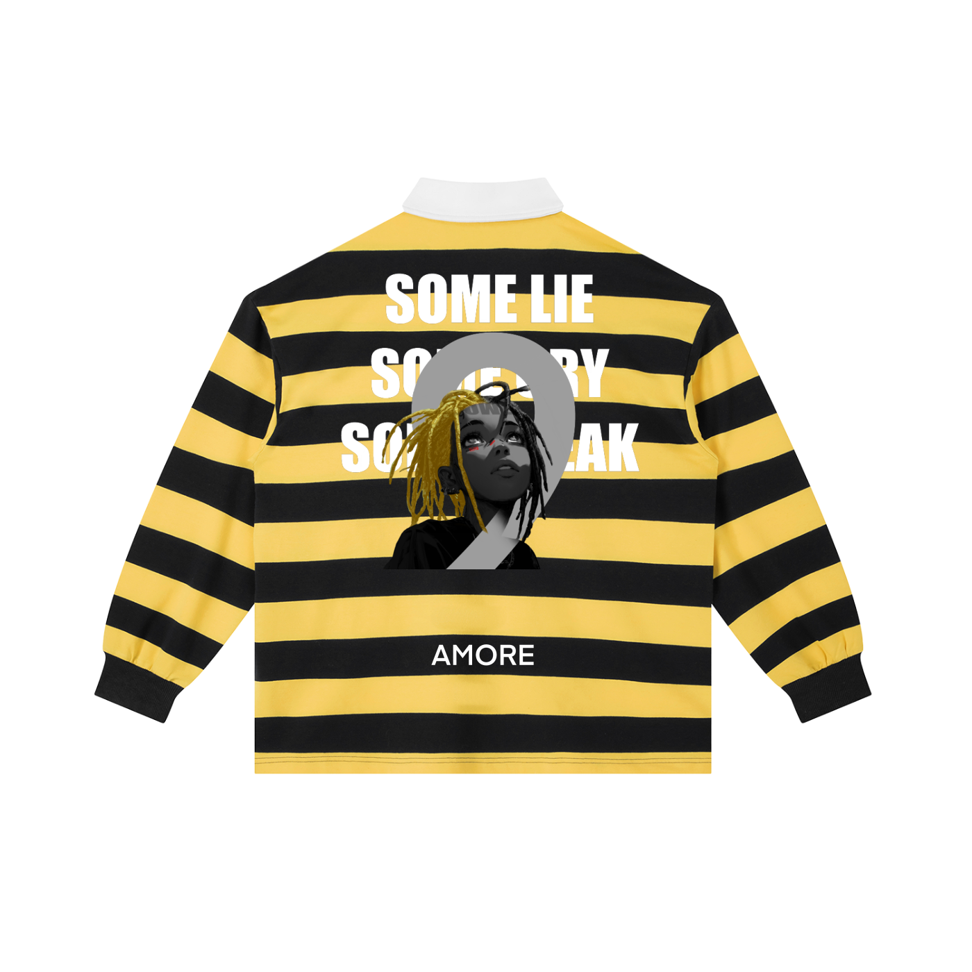 Black and yellow striped shirt with text and graphic on a white background