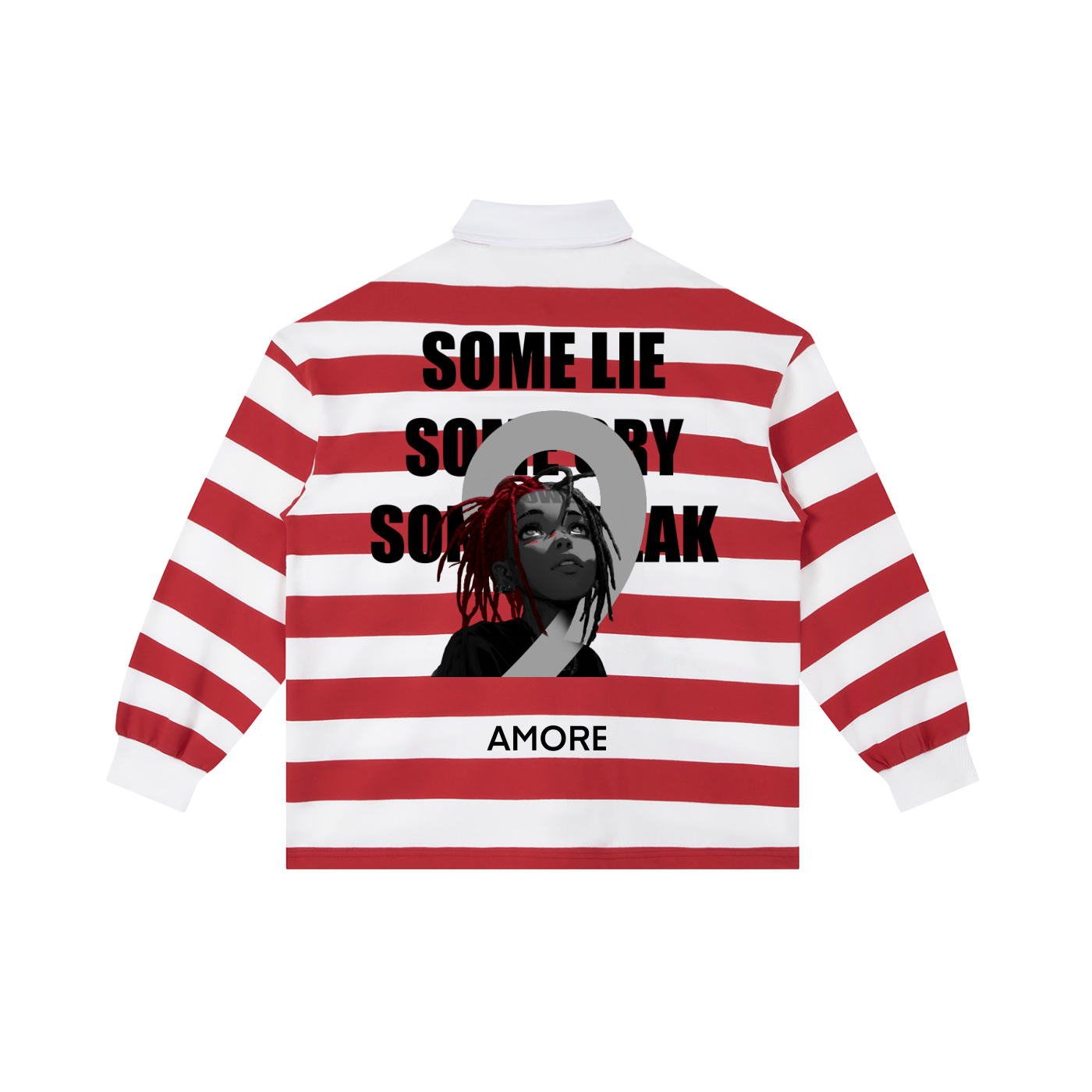 Red and white striped shirt with text and a graphic of a person on the back, on a white background.