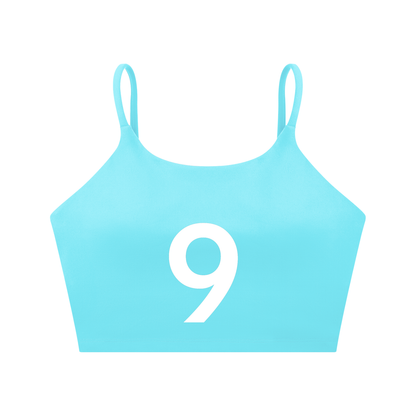 Light blue sports bra with number 9 on a white background
