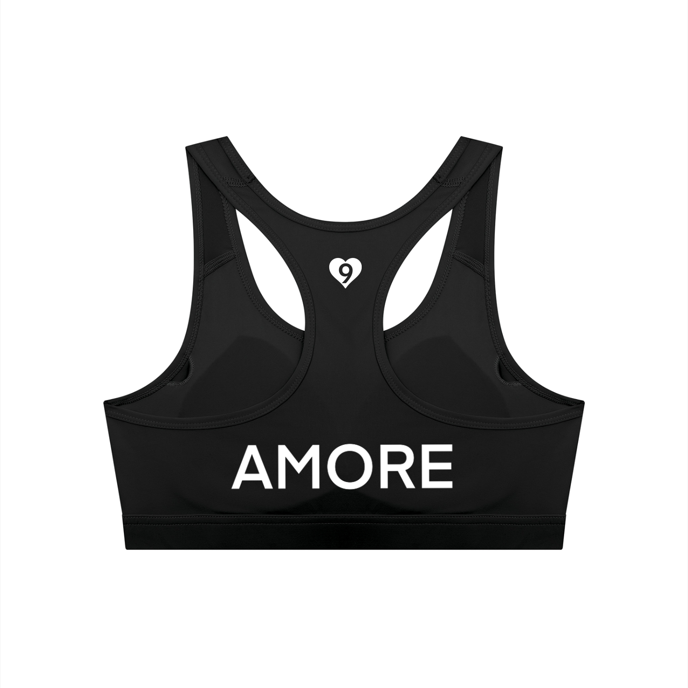 Black sports bra with 'AMORE' text on a white background