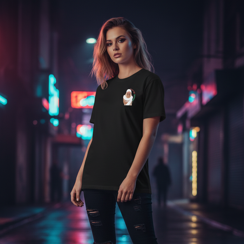 Model wearing the Girls Just Wanna Have Fun Tee by Amore9 in an urban editorial setting