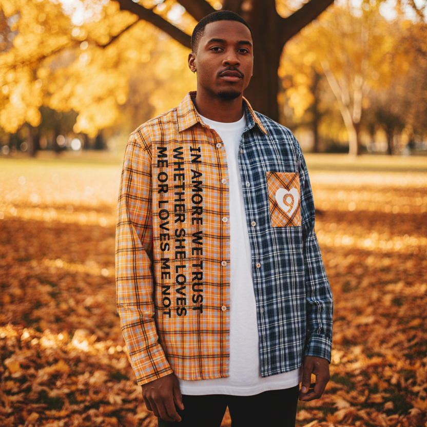Model wearing the In Love We Trust Shirt by Amore9 in an autumn park setting