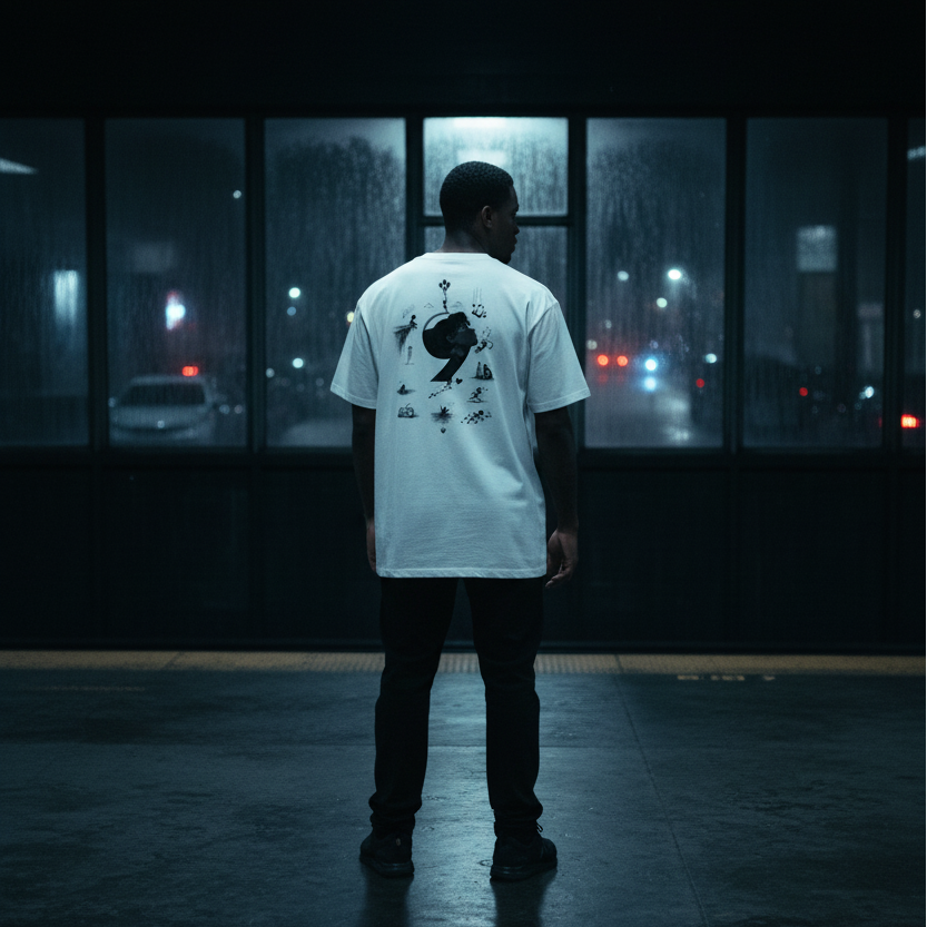 Model wearing the Overthinking Love Tee by Amore9 in a cinematic subway setting